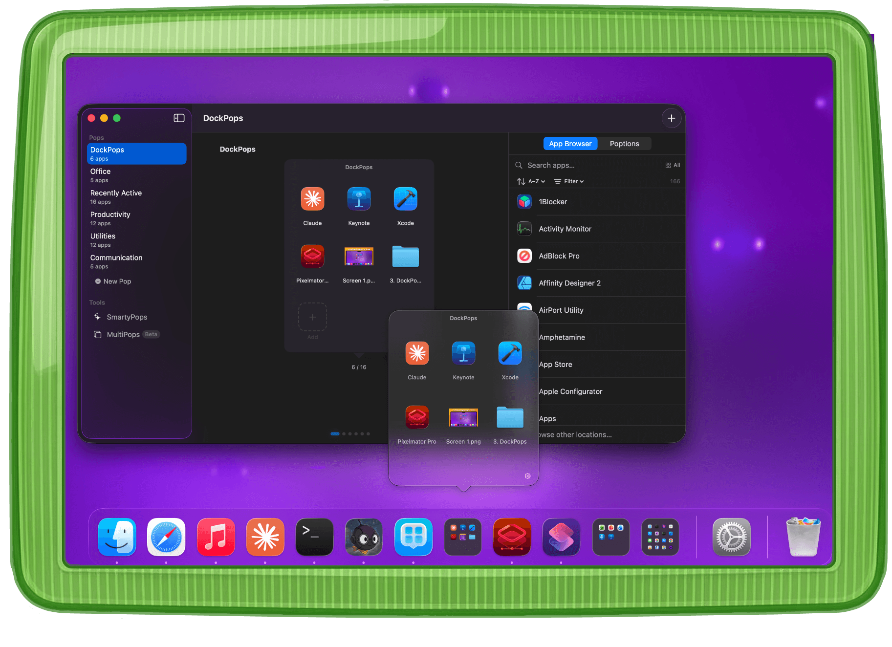 DockPops in action — Pop organizer with sidebar, App Browser, Dynamic Icon in the Dock, and MultiPops